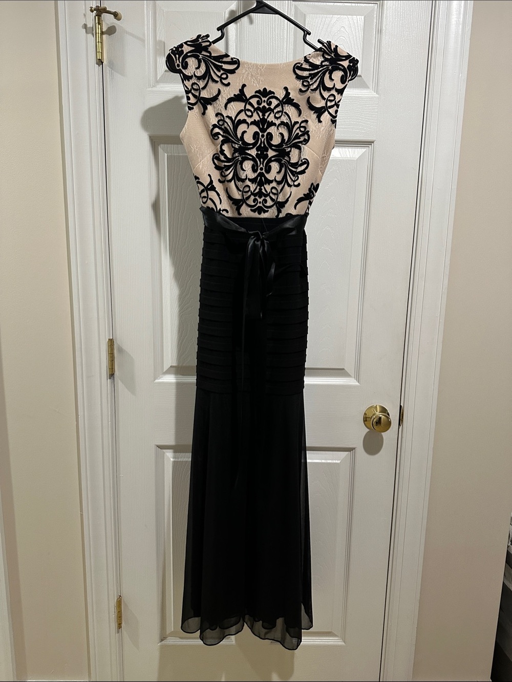 Betsy & Adam Black and Cream Embroidered Evening Gown